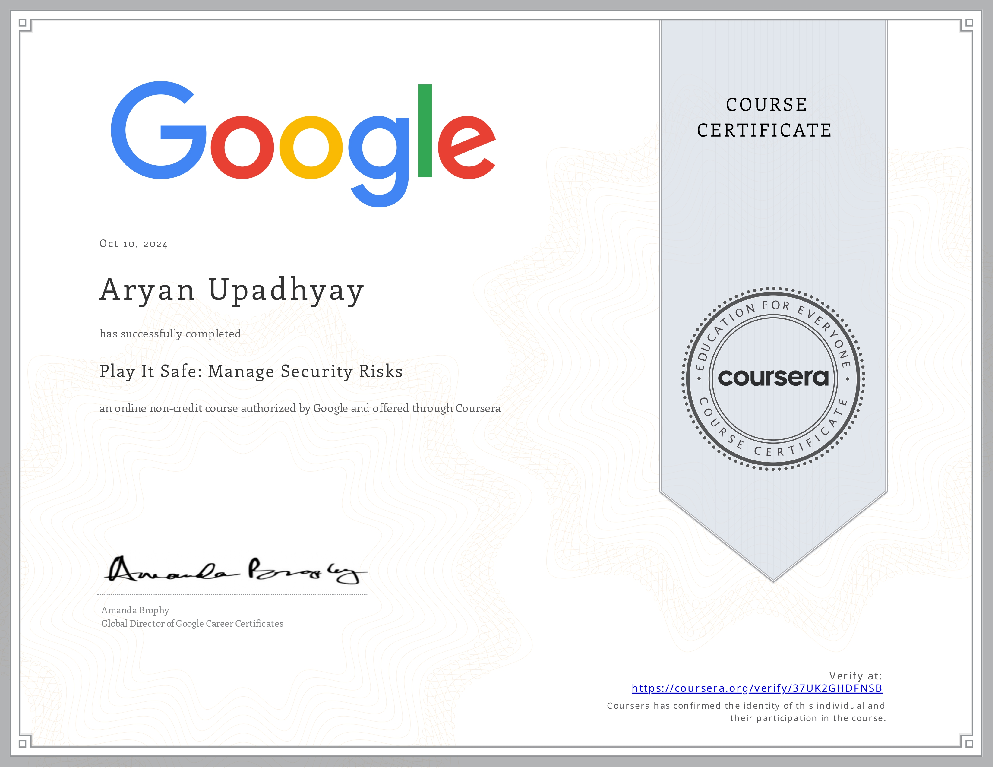 Manage Security Risk Certificate – Google – Aryan Kumar Upadhyay